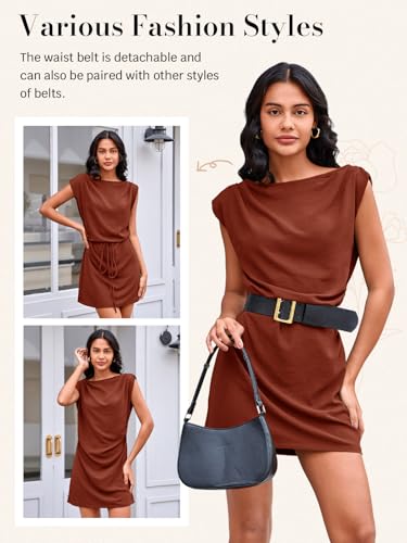 Image of Wenrine Womens 2026 Summer Mini Dress Casual Sleeveless Tie Waist Loose Ruched Beach Vacation Short Sundresses
