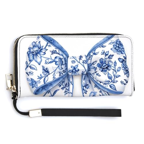Blue And White Chinoiserie Pattern Bow PU Leather Clutch Long Bifold Wallet, Coin Purse Credit Pass Case, Durable Card-Holder Money Storage for Women Men