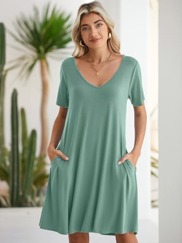 Image of BELAROI Women Casual Summer Dresses Loose Tshirt Beach Sundress V Neck Plus Size Swing Tunic Pockets