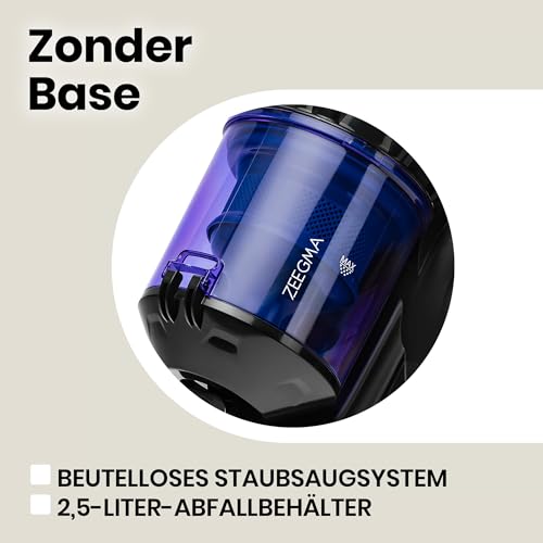 Zeegma Zonder Base Staubsauger beutellos Zyklon Staubsauger, hohe Saugleistung, 2 HEPA H13 und waschbare Filter Allergikerfreundlich Staubbehälter, 2,5 Liter
