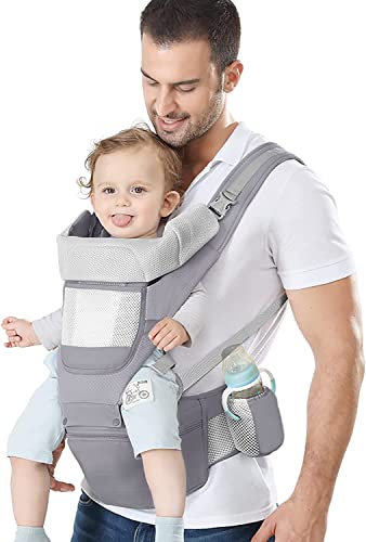 Image of YSSKTC Baby Carrier Ergonomic Infant Carrier with Hip Seat Kangaroo Bag Soft Baby Carrier Newborn to Toddler 7-45lbs Front and Back Baby Holder Carrier for Men Dad Mom (Grey)