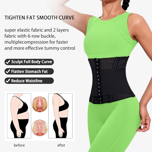 PQWEUU Taillenmieder Korsett Damen Shapewear Taillenformer Atmungsaktives Netz Taillengürtel Bauchdeckenstraffung Korsett Waist Trainer mit Doppelte Stufe 6 Reihen Haken (Schwarz, XS(40-48KG))