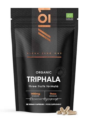 Organic Triphala 1400mg - 90 Vegan Capsules Potent Three Fruits Formula Supplement (Phyllanthus Emblica Terminalia Bellirica & Terminalia Chebula) - By Alpha01