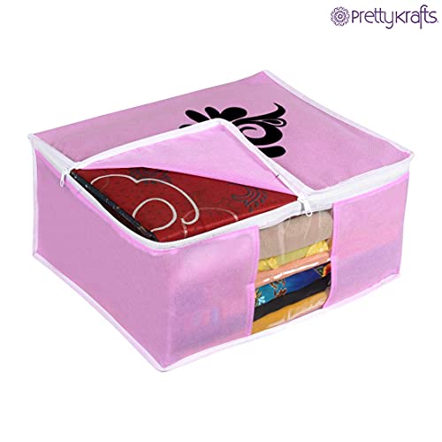 Image of PrettyKrafts Large Saree Cover With Creative Prints, Wardrobe Organiser, Clothes Cover & Storage, Zip Closure and Transparent Window | Clothes Storage Bag | Set of 12, Pink | Size: 40 x 35 x 20 cm