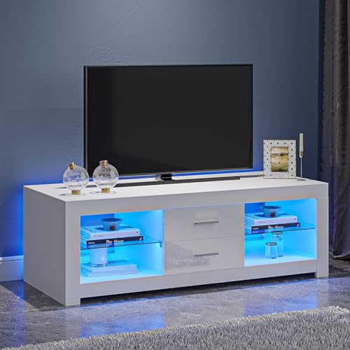 Panana Modern TV Unit Stand Cabinet 120cm 2 Drawers 2 Glass Shelves Media Storage Sideboard with RGB LED Lights up to 55" TVs Screen, (White)