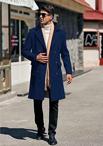 Mens Trench Coat Slim Fit Double Breasted Long Overcoat Classic Fall Winter Topcoat Navy Blue #TOP3