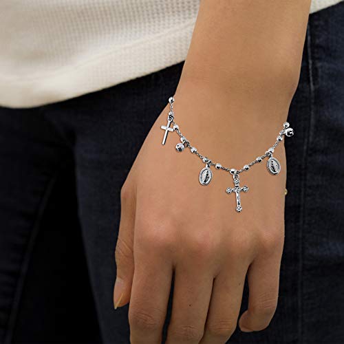 Sterling Silver Cross and Miraculous Beaded Charm Bracelet for Women 6.75 Inch with 1 Inch Extender3