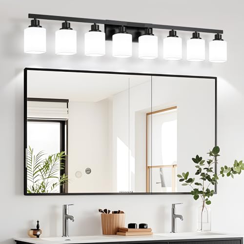 Image of 8 Light Bathroom Vanity Light,Modern Matte Black Bathroom Light Fixtures Over Mirror with Square Frosted Glass,Wall Sconces for Restroom,Living Room Hallway E26