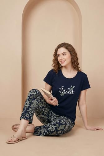 Image of Women's Pure Cotton Printed Night Suit | Sweet Graphic Top & Elephant Print Pyjama Set | Soft Round Neck Sleepwear