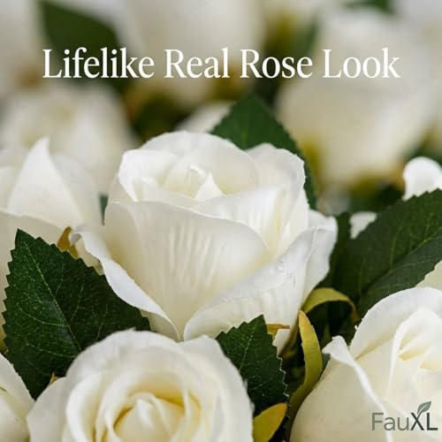 Image of Set of 24 Artificial Rose Flowers Bunches for Vase - Home Decoration Gift Items for Living Room Corner Table Top Bedroom Wedding (Pot Not Included) - 24 CM (White)