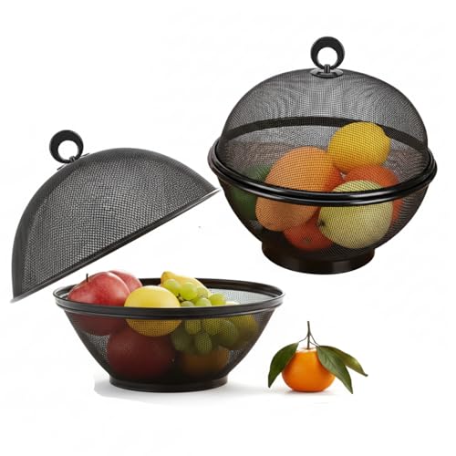 YELKPX Metal Mesh Fruit Bowl with Lid (Set of 2) - Fruit Fly Proof Kitchen Counter Storage Basket for Fruits Vegetables Bread - (Black)