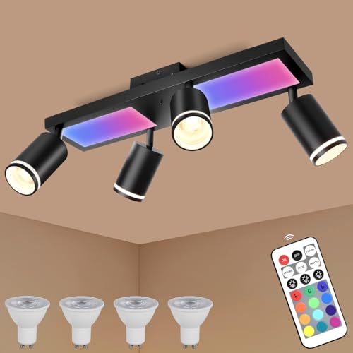 YindaLux Deckenstrahler LED Dimmbar mit Fernbedienung, RGB Farbwechsel 30W 3600LM Deckenlampe Strahler Schwenkbar, Schwarz Deckenleuchte 4 Flammig mit Unteres Glühen 10W+4x5W GU10 Spot für Wohnzimmer YindaLux Deckenstrahler LED Dimmbar mit Fernbedienung, RGB Farbwechsel 30W 3600LM Deckenlampe Strahler Schwenkbar, Schwarz Deckenleuchte 4 Flammig mit Unteres Glühen 10W+4x5W GU10 Spot für Wohnzimmer