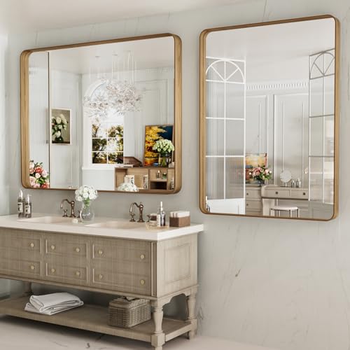 Image of LOAAO 48X36 Inch Bathroom Mirror with Wood Grain Colored Metal Frame | Rounded Rectangle Metal Framed, Anti-Rust, Hangs Horizontally or Vertically, Tempered Glass