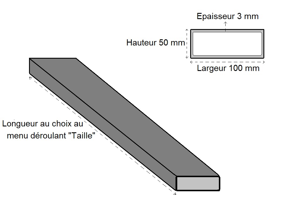 LeMétal – Tube rectangle acier 100x50x3 mm - Longueur au choix de 50 à 300 cms (70 cms)