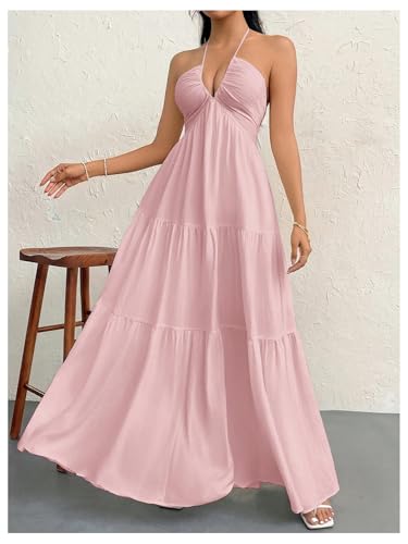 Image of SHENHE Women's Deep V Neck Tie Knot Backless Halter Dress A Line Flowy Ruffle Maxi Dress
