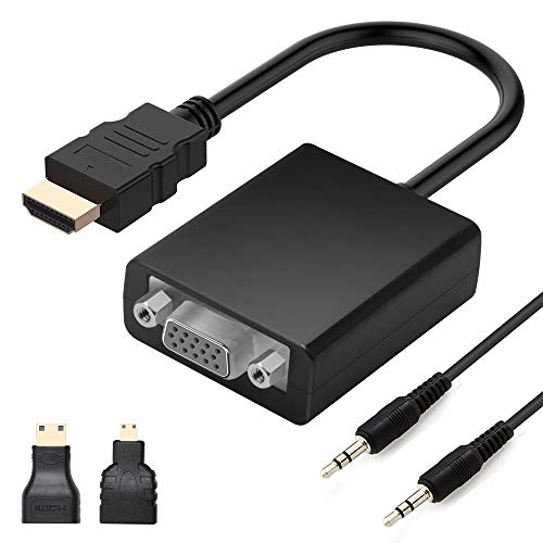 HDMI to VGA Adapter with Audio, Gold-Plated Connectors with Three Type of HDMI Connectors Audio Cable for Computer, Desktop, Laptop, PC, Monitor, Projector, HDTV, Chrome book, Raspberry Pi, Roku, Xbox