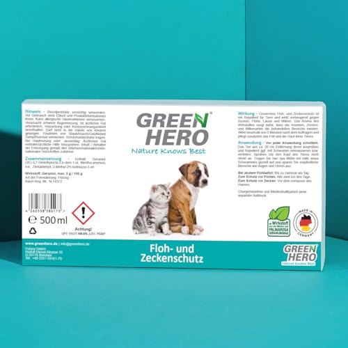 Floh- und Zeckenschutz 500 ml das Zeckenspray und Flohmittel für Hunde und Katzen, effektives Flohspray für die direkte Anwendung auf dem Tier bei akutem Befall oder zum Schutz