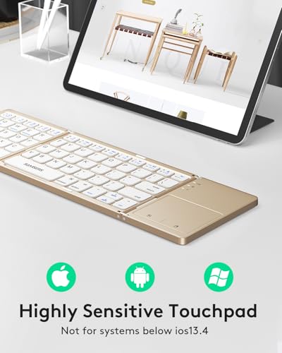 Image of Samsers Foldable Bluetooth Keyboard with Touchpad, Ultra Slim Compact, Gold | Multi-touch Trackpad, Full Size, Phone Holder, USB-C Charging, 1 Device, for Android Windows iOS Mac OS, Mobile Productivity