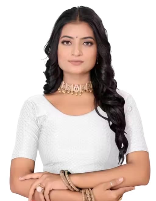 Women's Readymade Saree Blouse, Round Neck, Half Sleeve, Stretchable-picture-36