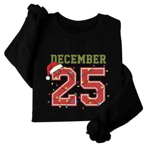Image of TONGCHEN December 25 Santa Hat Festive Lights Christmas Sweatshirt Retro Black Long Sleeve Holiday Crewneck Pullover (US, Alpha, Small, Regular, Regular, Black)