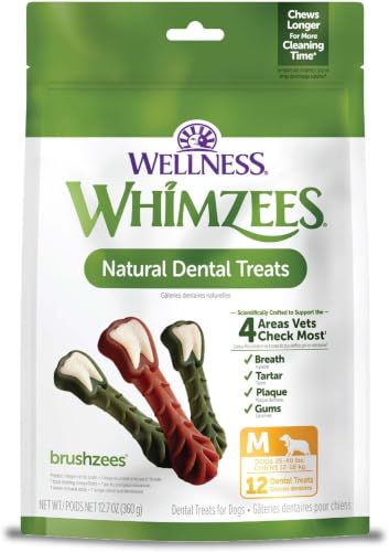 Image of Whimzees Wellness Brushzees Natural Dog Dental Treat, VOHC Accepted Chews, Freshens Breath, Medium Size, Bag, 12 Count, 12.7 Ounce (Pack of 6)
