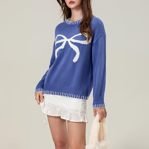 Image of Women Cute Bow Knit Sweater Y2k Long Sleeve Crew Neck Knitted Pullover Top Oversized Going Out Fall Winter Knitwear