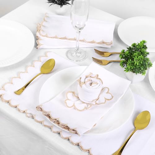 Image of FINGERCRAFT Scallop Edge Cloth Napkins | Set of 6 | 20x20 Inches | 100% Cotton | Table Napkins for Any Occasion | Washable, Perfect for Parties and Everyday Use (White Slub, Set of 6)