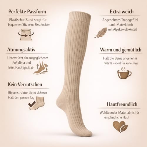 MOUNTREX Kniestrümpfe - Alpaka Socken, Wollsocken für Damen, Herren - Warme Kuschelsocken - 2 Paar, Beige/Braun (Kniestrümpfe), 39-42
