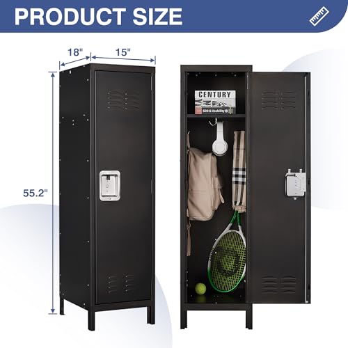 Image of Metal Storage Locker, Lockable Employees Metal Locker with Door, 55 inch Height Steel Locker for Home, School, Office, Gym (Retro Black)