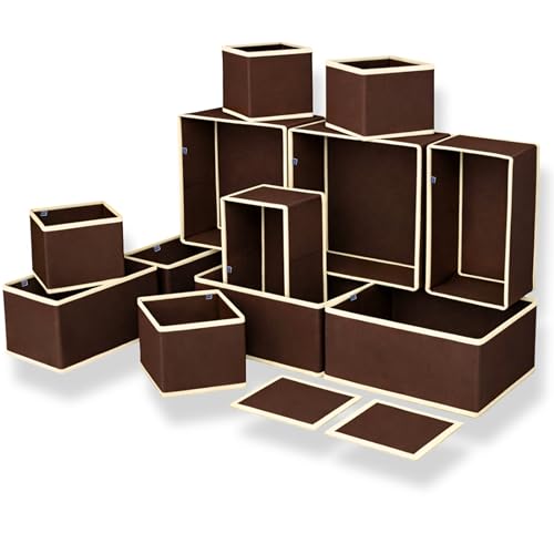 Image of Skrill 12-Piece Foldable Cloth Storage Box Set | Cube Baskets, Bins & Dividers for Closet & Dresser Drawer Organization | Storage for Shirts, Pants, Underwear, Bras, Socks, Inners & More - Brown
