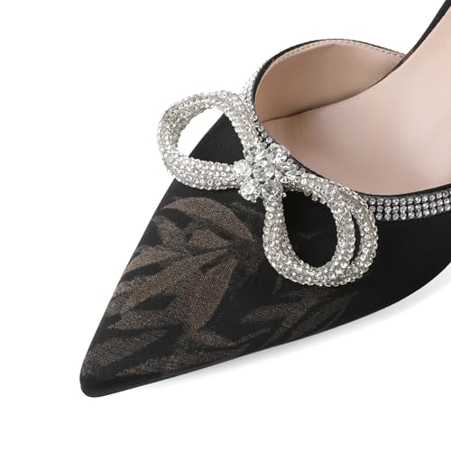 Eldof Women's Rhinestone Bow Heels Sparkly Ankle Strap Closed Pointed Toe Kitten Low Heel Pumps 1.5 Inches 6