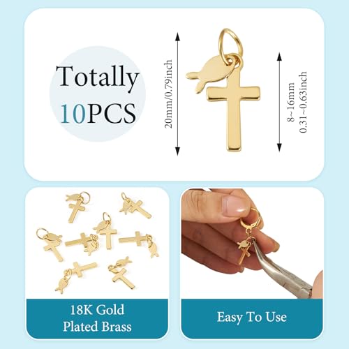Image of 10Pcs 18K Gold Plated Cross Charms Brass Golden Crucifix with Fish Pendants Metal Permant Jewelry Charms with Jump Ring for DIY Bracelets Necklaces Earring Jewelry Making