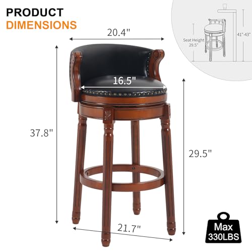Image of Cow top Leather Wooden Bar Stools, 29.5 inch Bar Height Bar Chair with Back, 180 Degrees Swivel Barstools Chair for Home Kitchen Counter,Dining Room (Black-2pcs, Bar Height-Seat Height 29.5 inch)