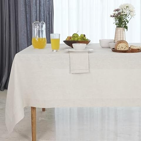 D'Moksha Homes Linen Tablecloth 60 x 120 Inch - 100% Pure Linen Light Natural Tablecloth - Machine Washable Dining Tablecloth for Rectangle Tables for Valentines Day Cover