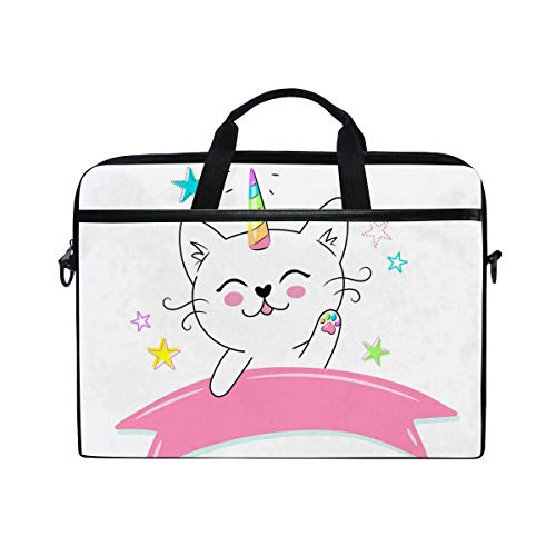 14 Zoll Laptop Tasche weiß Katze Einhorn Caticorn Canvas Stoff Laptop Tasche Bussiness Handtasche mit Schultergurt für Damen und Herren