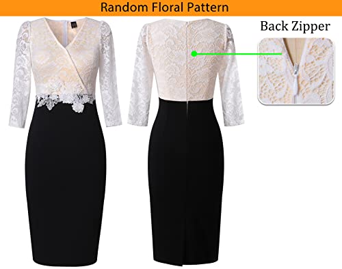 VFSHOW Womens Floral Lace Applique Waist V Neck 3/4 Sleeve Colorblock Cocktail Bodycon Dress4