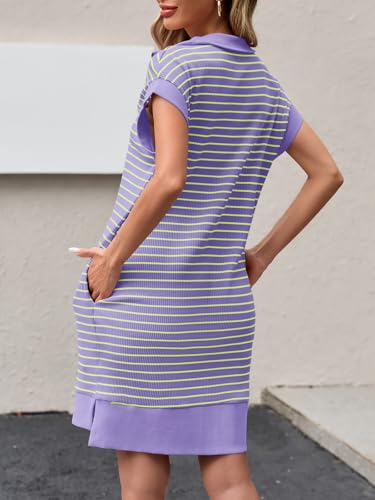 Image of Wenrine Womens Striped Mini Dress Casual Zipper Cap Sleeve Collared V Neck Loose Knit Summer Dresses