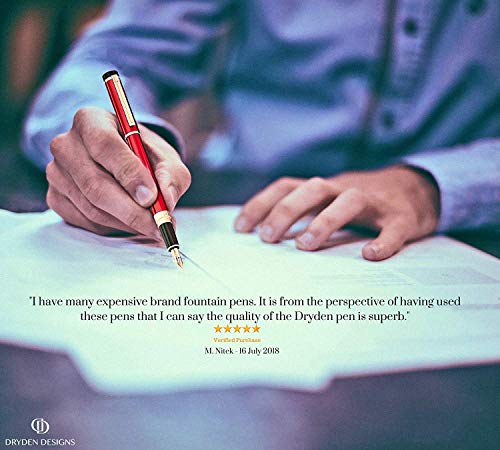 Dryden Designs Fountain Pen Medium Nib, Includes 24 Ink Cartridges - 12 Black and 12 Blue Comes with Ink Refill Converter, Gift Pouch Classic Writing Tool [Dangerous Red] for Left and Right Handed - Thumbnail 5
