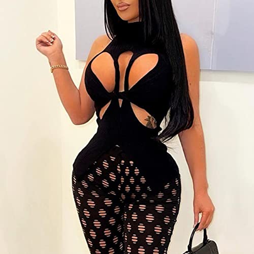 SAFRISIOR Women Sexy Hollow Out Twist Front Knitted Tank Tops Sleeveless High Neck Cut Out Sweater Vest4