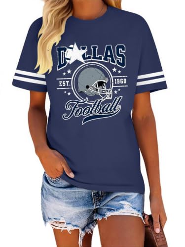 Women's Football Game Day T Shirt - Vintage Jersey Tee Short Sleeve Top for Football Season Blue