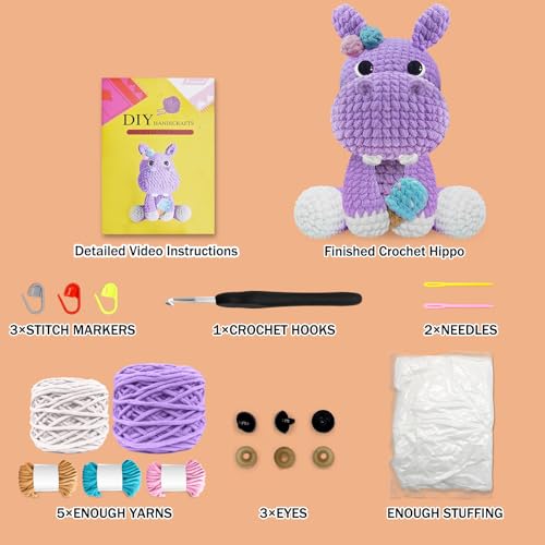 Image of CODGP Crochet Kit for Beginners, 11.8-Inch Hippo Crochet Kit for Adults | Crochet Starter Kit Gift, Animal Amigurumi Kit, Durable Chenille Yarn, Full Supplies, Step-by-Step Videos, for Crochet Lovers