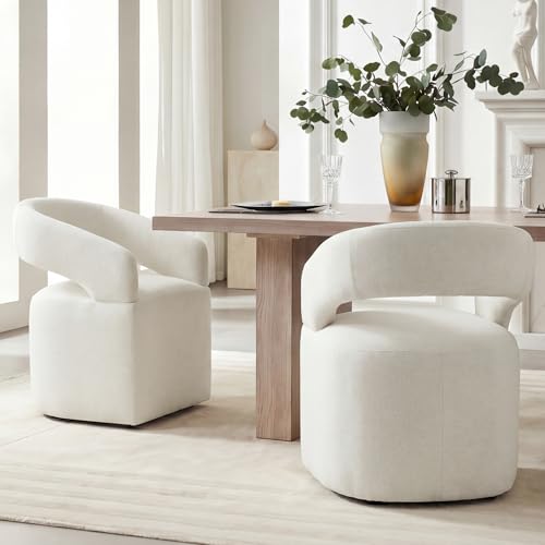 Image of KISLOT Upholstered Dining Chairs Set of 1, Modern Arm Kitchen & Dining Room Chairs with Hidden Casters, Linen Fabric Padded Rolling Chairs, Sturdy Wood Frame, 300 lbs Capacity, Ivory White