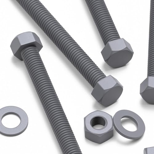 Image of 10x Grey PVC Hexagon Head Screws, Nuts & Washers, UPVC, M8 x 100 mm (5 /16 x 3-15 /16 in)