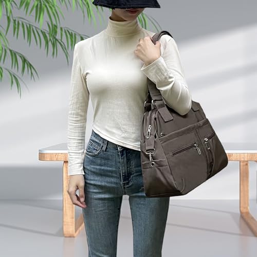 Image of Nylon Tote Bag for Women Shoulder Tote Bag with Zipper Waterproof Nylon Purse and Handbags Lightweight Hobo Bag