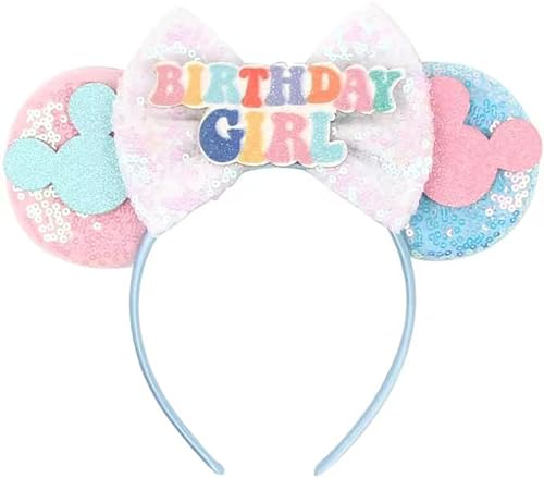 RAZKO Mouse Ears Headband Blue Birthday Hairband Mice ears Headband for Women Girls Hair Accessories(Birthday Girl-Blue M)