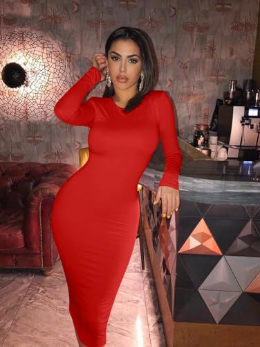XXTAXN Women's Sexy Bodycon Long Sleeve Round Neck Work Office Midi Pencil Dress3