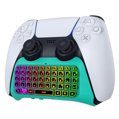 Moko Teclado Inalámbrico con Retroiluminación RGB para Mando PS5, Mini Teclado para PS-5 Funda con Luz Colorida Altavoz Integrado Mejorado y Conector de Audio de 3,5 mm PS5 Accesorios, Verde Azul