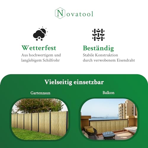 Novatool Balkon Sichtschutzmatte Flexibles Design für Gartenzaun und Terrasse 115x600 cm Schilf Schutz vor Blicken Einfache Montage Wind- und wetterfest Stilvolle Dekoration und Privatsphäre