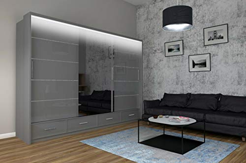 MN Furniture High Gloss & Mirror Sliding Doors Wardrobe with Long Led Light and Bottom Draw (Grey, 255cm)