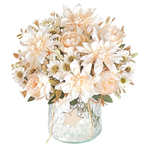 DEMIUKO 2 paquetes de flores artificiales de dalias de champán peonías de seda, ramos de flores artificiales, flores falsas, jarrón, decoración para bodas, fiestas, centros de mesa, arreglos florales